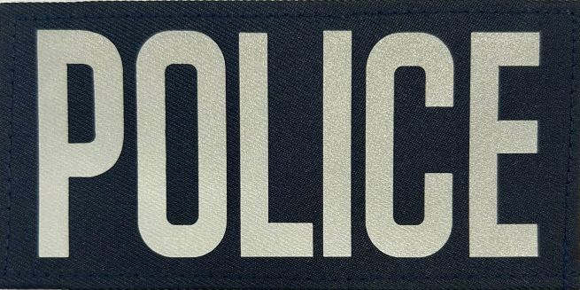 POLICE BACK PATCH REFLECTIVE SILVER ON MIDNIGHT NAVY 5.5"W X 2 5/8"T - VELCRO.